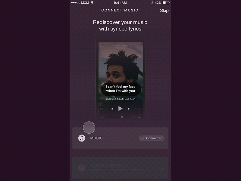 Connect Spotify app clean flow ios material mockup onboarding prototype spotify tour ui ux