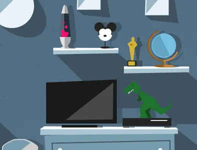 Sky mini game - scenario 1 app elements flat godzilla home illustration interior ios lamp scenario tv vintage