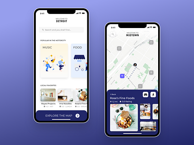 Welcome to Detroit - Welcome Travel App UI app blue dailyui design detroit discover food foodie madewithadobexd madewithxd map music restaurant travel travel app traveling ui uiux yelp zomato