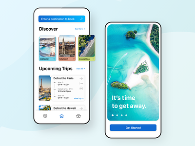 Away Travel Discovery App Remix - UI Design airbnb airfare app blue book booking design discover home screen hotel lockscreen login plane search signup tickets travel trips ui ux