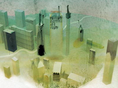 Citiscape city collage illustration mixed media