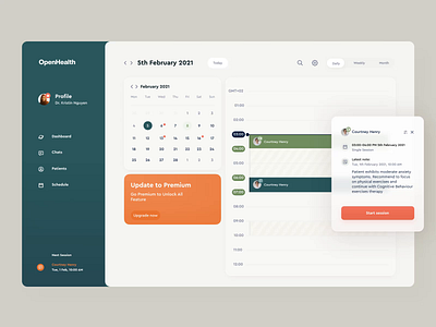 Schedule Digital Therapy animation app calendar dashboard date green meeting minimal orange planner pop up saas schedule session therapy timeline ui ux users voit team web