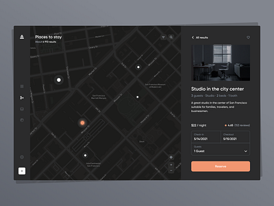 Booking Map airbnb booking clean dark dark mode dark theme design interface map minimal orange traveling trip ui ux