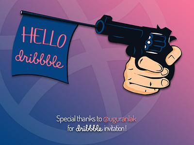 Hello Dribbble! bang dribbble first graphic gun hello joke pink purple shot thanks