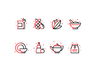 Icons 2 for Chinese food black can clean dishes food icons line pineapple red seaweed soup tea
