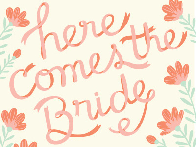Here Comes The Bride bridal shower bride coral illustration invitation ribbons type