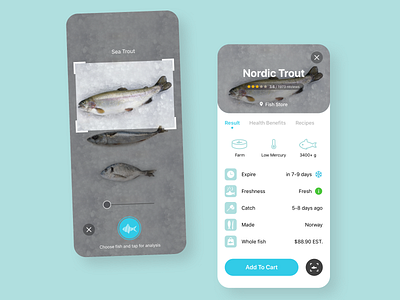 Fish Freshness Checking App analysis app cx fish food ios mobile norway photo salmon sea store tracking ui