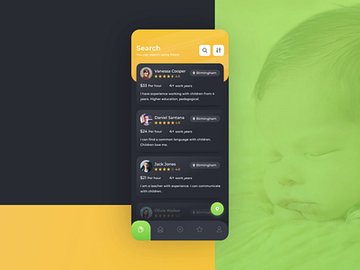 Babysitter App: Search Screen 2d 3d animation app app design babysitter design filter home interface location map mobile motion ui ux wave web