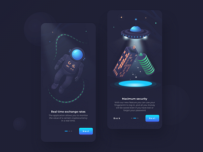 Crypto Wallet App: Onboarding Screens app app design crypto dark theme design graphic design illustrations interface mobile mobile interface profile ui ui design ux