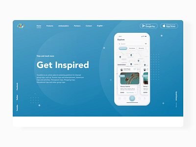 Travel App Landing animation app clean creative design enterprise home landing page layout main minimal motion testimonials travel trip ui ux web