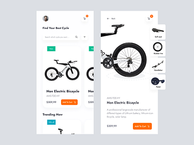 Cycle e-commerce mobile app app bike shop business app cart page cycle store details page ecommerce app homepage list page mobile product page shop ui ui interface user experience ux