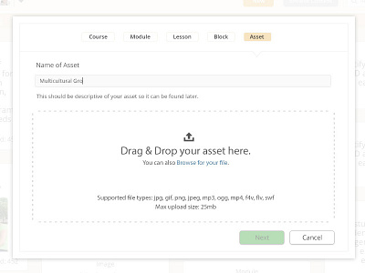 Add a new asset e learning forms modal pop up ui uploader ux