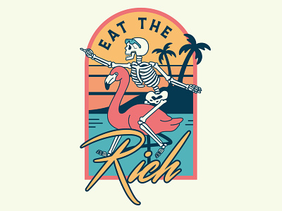 Eat The Rich badge badge design beach branding design flamingo hay hayhaily illustration island logo logo design logo mark sand skeleton skull sun vacation vaporwave vector