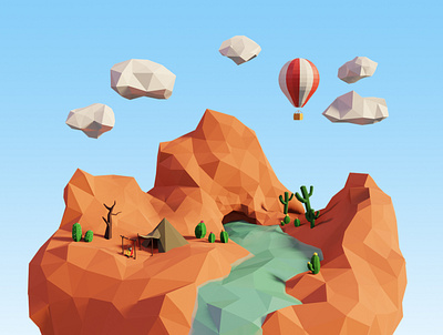 Camping in the Canyon 3d 3d art 3d model 3d modelling blender cactus camping canyon desert hot air balloon hot air balloons low poly low poly lowpolyart nature art puffy clouds river rock tent water