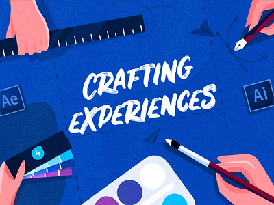 Crafting Experiences - Cover for Design Group blog cover blog design blog graphic blue colour branding chennai colour palette design design group designers club designing flat illustration flat illustrations freshworks illustration illustrator information technology photoshop ruler vector