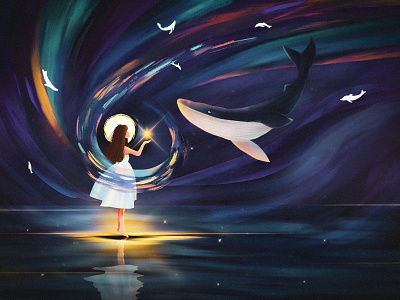 Whales and girl illustration
