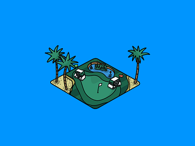 putting green 3d 90s cartoon golf golf carts illustration lot palm trees plot pond putting putting green