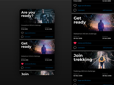 Event screen event tiles events fitness app groupathon mobile app design trekking ui design uiux walkathon