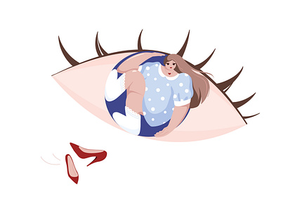 Fashion girl flying in the biggest eye in the world beauty character character design characters design dress eye eyes fashion fashion illustration fashion look fly flying girl illustration lashes polka dots red shoes stylish vector