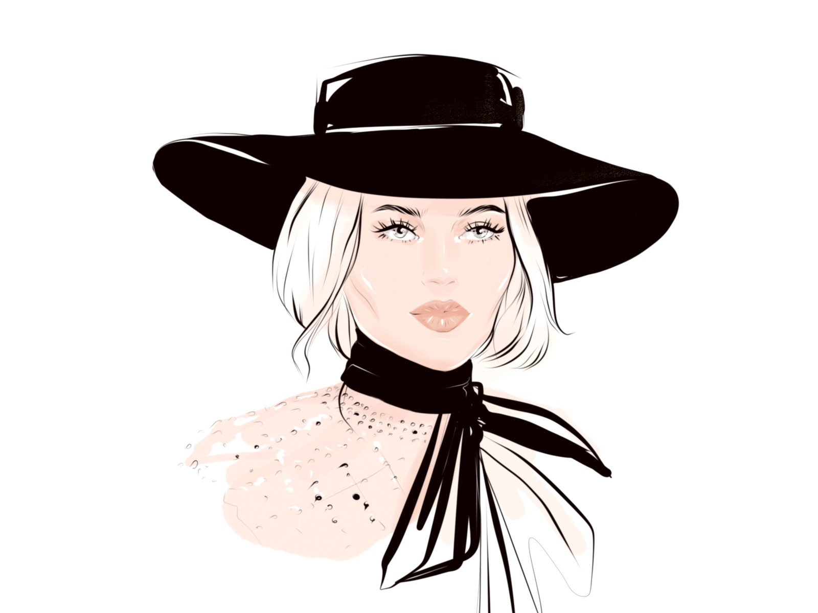 Linear drawing of a woman in a hat. Fashion art.