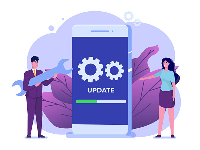 System Update 2d character analysis banner business concept flat icon illustration internet people technology ui ux vector web