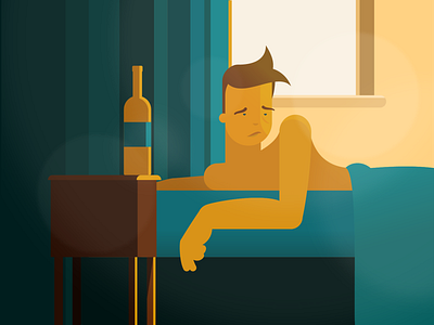 Morning regrets bed bedroom character character design guy illustration male man morning sun window wine wine bottle
