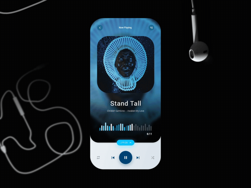 Music Player • Mobile App • UI Design Prototype adobe xd after effect animated gif animation app design blue cyan design equalizer headphones lyrics mobile app mobile app design mobile ui music music app prototype animation tap ui uiux