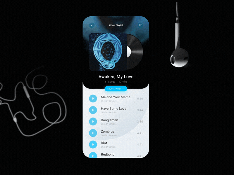 Music Player • Mobile App • UI Design Prototype adobe xd aftereffects animated gif animatedgif blue cyan design earphones equalizer gif headphones lyrics mobile mobile app mobile ui music music player prototype animation uiux