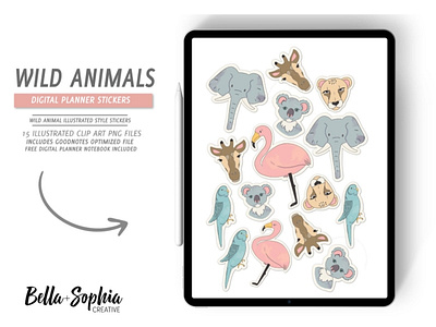 Wild Animals Digital Sticker Clip Art - Goodnotes & PNGs animals bird bullet journal clip art design elephant flamingo graphic design illustration koala planner wild animals