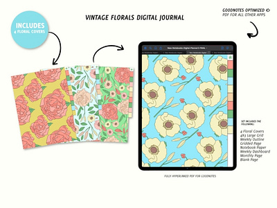 Digital Vintage Floral Bullet Journal notebook for Goodnotes