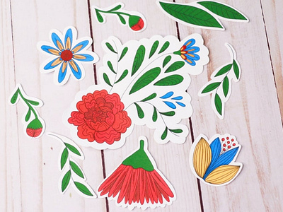 Folk Inspired Illustrated Floral Stickers