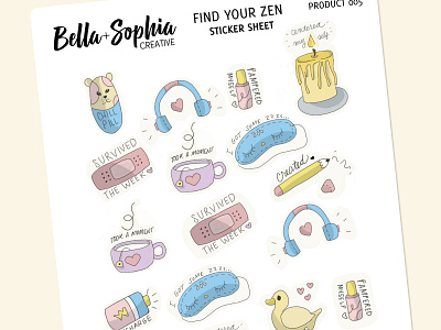 Find Your Zen Sticker Sheet branding character graphic designer illustration kawaii mental health product design