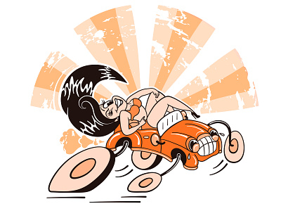 Sunny ride 1930s car cartoon characters illustraion lady retro vector