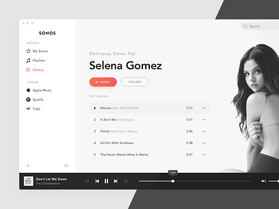Sonos for macOS grey macos minimal monochrome music player playlist song sonos spotify tidal ui