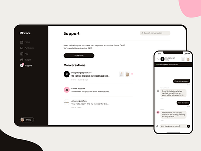Support page for Klarna chat conversation design ios klarna mobile product support ui ux web