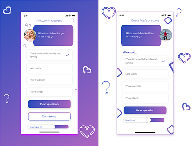 Game quiz for couples figma gamequiz iosapp mobile app design mobileappdesign quiz quiz app relationshipapp sketch ui uiux designer uiuxdesign