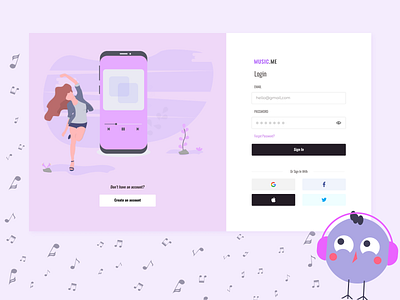 Music me - music platform audio app audio player dashboard design figma login page music app music player ui design uiuxdesign uplabs uxui web platform