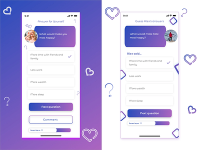 UI/UX for quiz game - relationship test for IOS Valentines Day couples dating figma iosapp mobile app design mobile ui quiz quiz for couples ui uiuxdesign valentines day