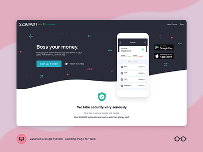 Landing Page - Daily UI challenge #003 22seven capetown daily 100 challenge dailyui dailyui 003 dailyuichallenge design system designsystem landing page landingpage personal finance web design webdesign website design