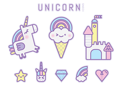 UNICORN icons castle ice cream icons illustration magical rainbow sticker unicorn vector