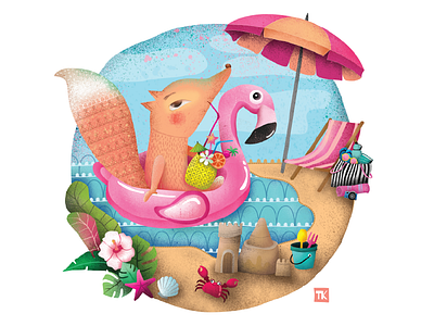 FOX On The Beach cocktail cute flamingo fox illustration on the beach pineapple summer tropical
