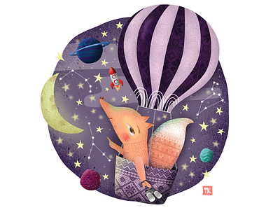 FOX Hot Air Balloon ADVENTURE constellation cosmos cute animal fox hot air balloon illustraiton planet space stars