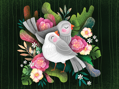 BIRDS bird birds love couple cute digital illustration illistration leaves plants romantic textures