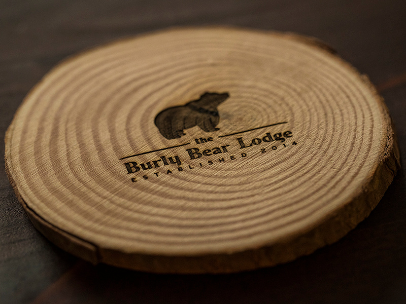 Burly Bear Coaster etch laser wood lodge bear wordmark logo