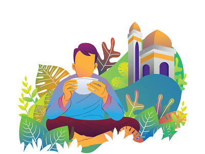 Ramadhan Karim near masjid animation app badge cartoon character design flat icon illustration ui ux vector vectorart web website