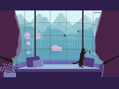 Kitty & Bird adobe colors design flat gradient illustration illustrator landscape vector