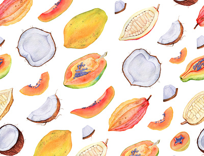 Watercolor juicy exotic fruits, cocoa, coconuts, papaya fabric pattern hand drawn illustration painted pattern tropical watercolor