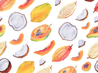 Watercolor juicy exotic fruits, cocoa, coconuts, papaya