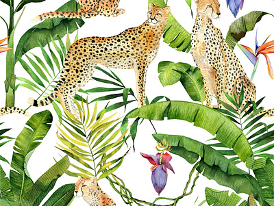 Watercolor jungle cats cheetah design fabric pattern hand drawn illustration jungle painted pattern surface design tropical watercolor