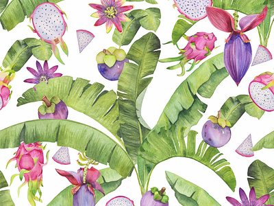 Watercolor pattern with banana leaves, passionflower and fruits